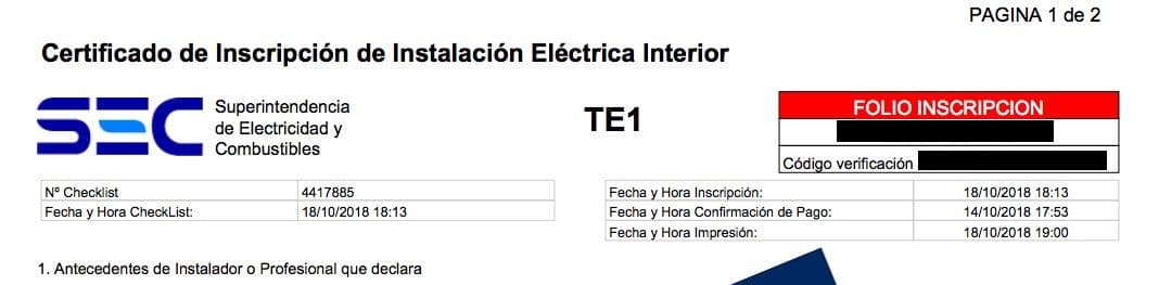 Proceso de tramitación y declaración del certificado TE1 de las instalaciones eléctricas en Chile